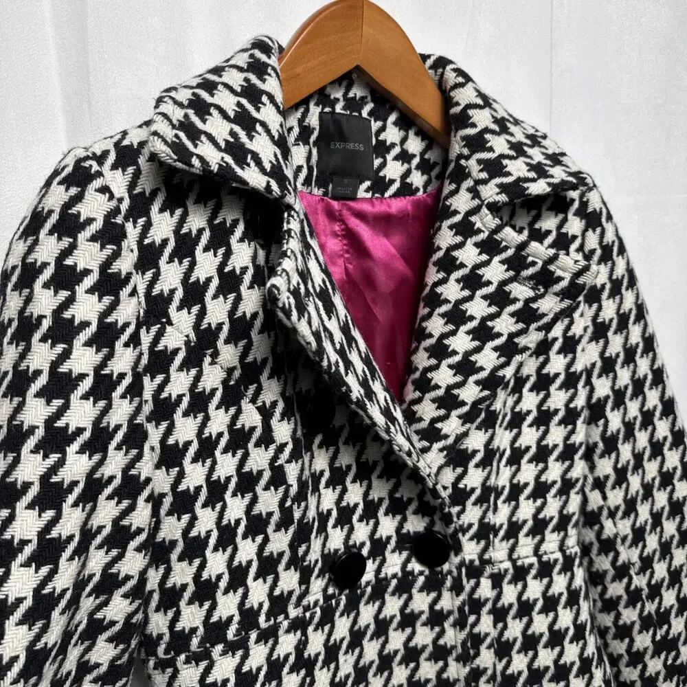 Y2K Express Wool Houndstooth Pea Coat Womens Small EUC Baby Doll Style Outerwear - Picture 2 of 12